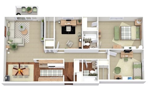 Floor plan for 3 beds, 2 baths, 1160 sqft